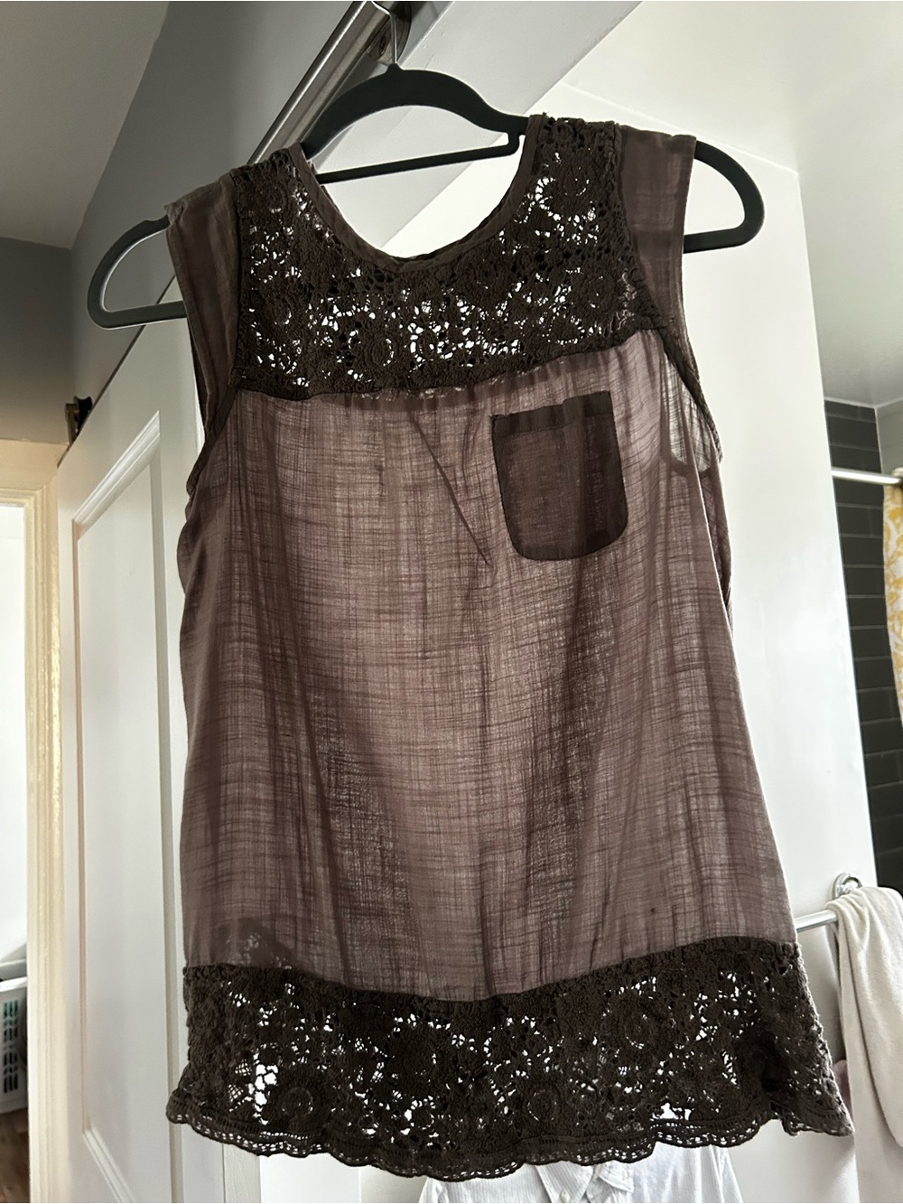 Women's Sleeveless Crochet-Trim Blouse in Brown